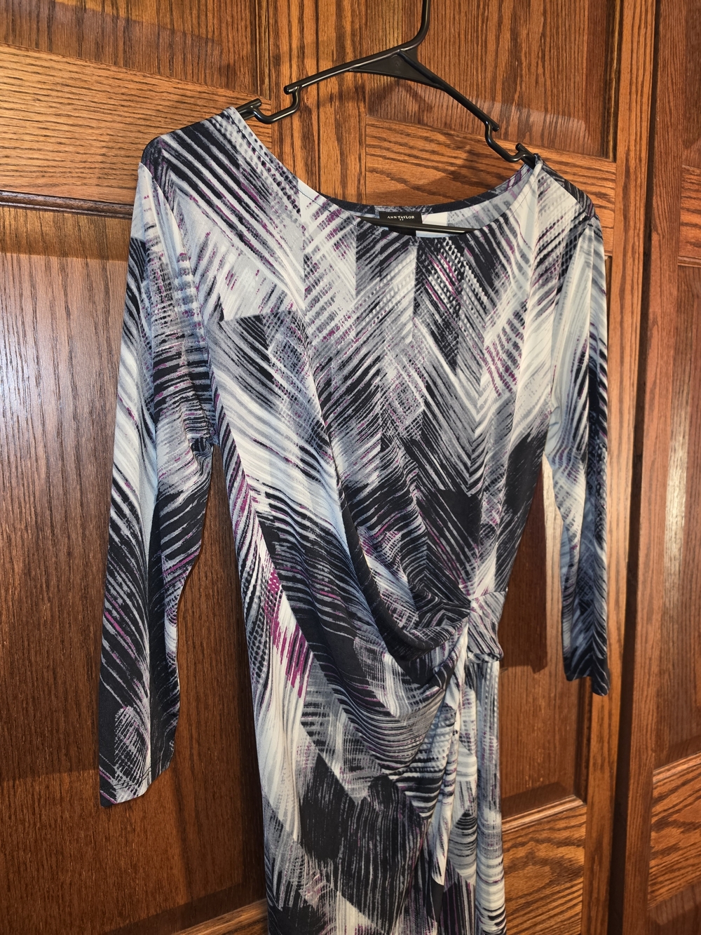 Ann Taylor Navy, White & Purple Printed Long-Sleeve Twist-Front Dress